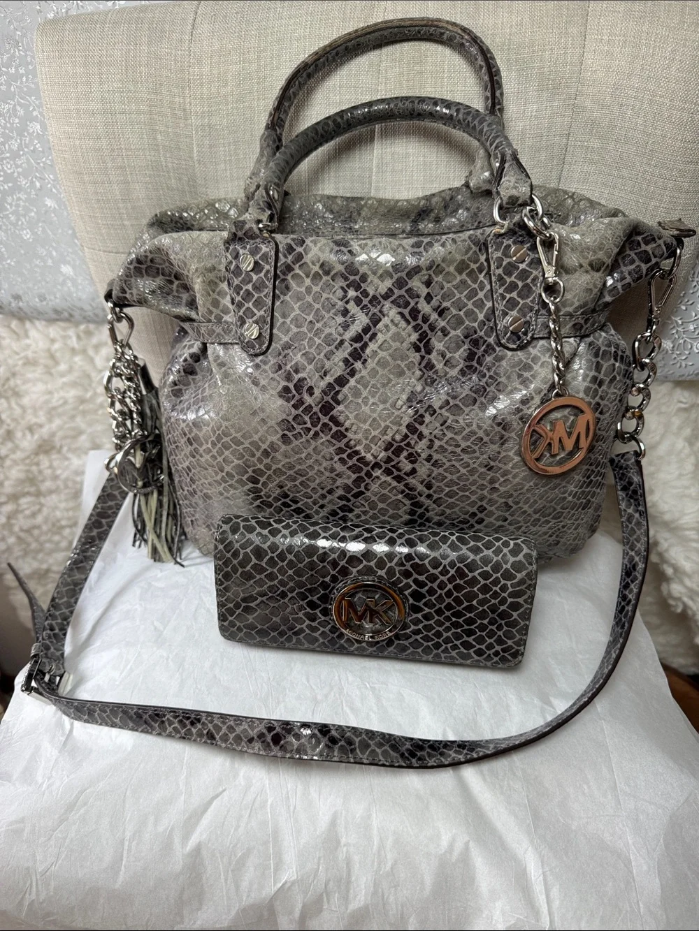 Michael Kors Gray Snake-Embossed Leather Satchel with Matching Wallet